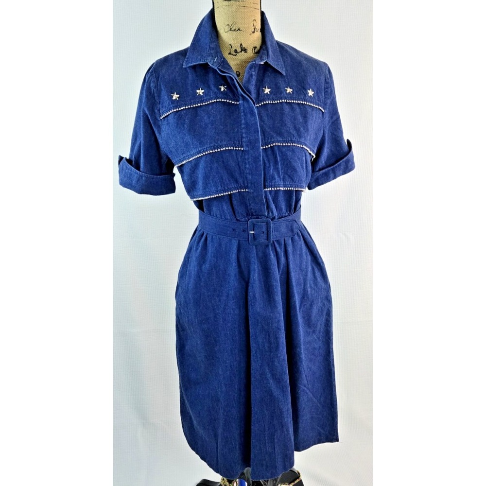 Vintage‎ Sabino Petites women Belted Stud detail Sheath denim dress size 6P